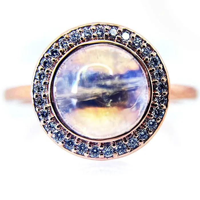 Rings Fire Brilliance Natural Rainbow Moonstone Diamond Halo Ring