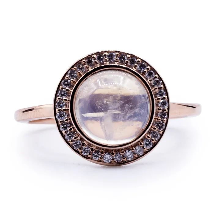 Rings Fire Brilliance Natural Rainbow Moonstone Diamond Halo Ring