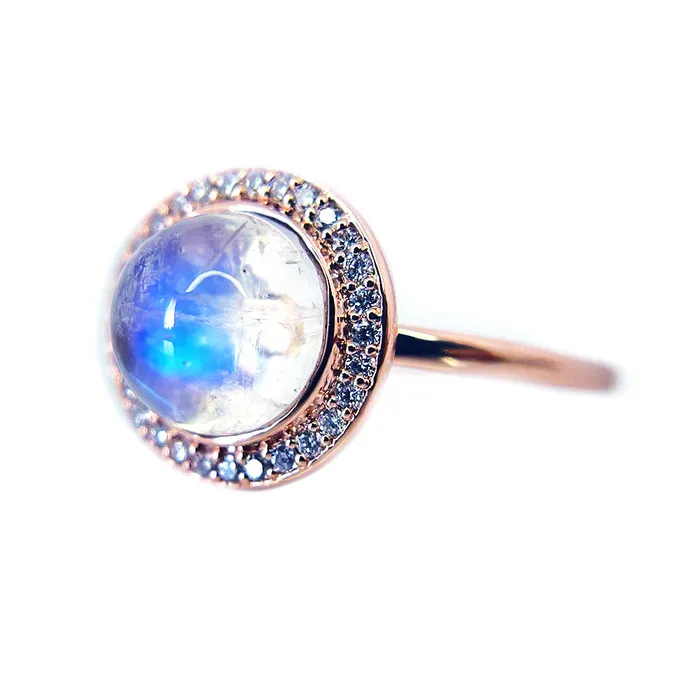 Rings Fire Brilliance Natural Rainbow Moonstone Diamond Halo Ring