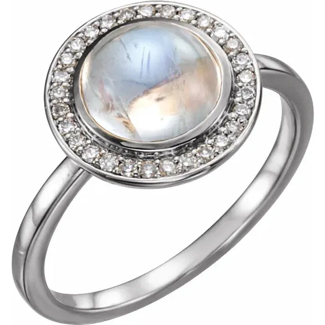 Rings Fire Brilliance Natural Rainbow Moonstone Diamond Halo Ring