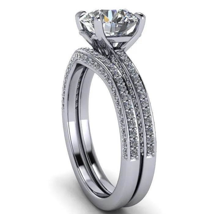 Rings Fire Brilliance Suzanne Round Center Stone 4 Prong Basket Sides Accent Ring