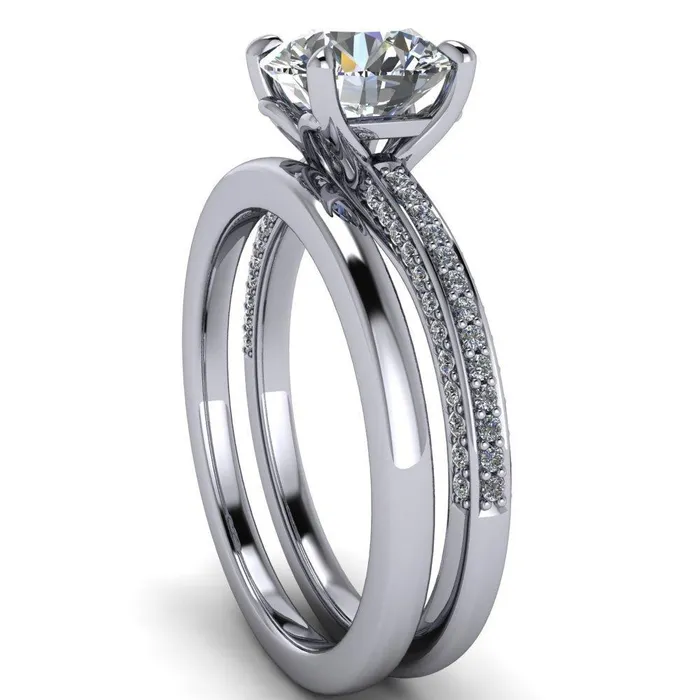 Rings Fire Brilliance Suzanne Round Center Stone 4 Prong Basket Sides Accent Ring