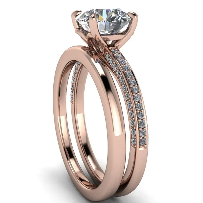 Rings Fire Brilliance Suzanne Round Center Stone 4 Prong Basket Sides Accent Ring