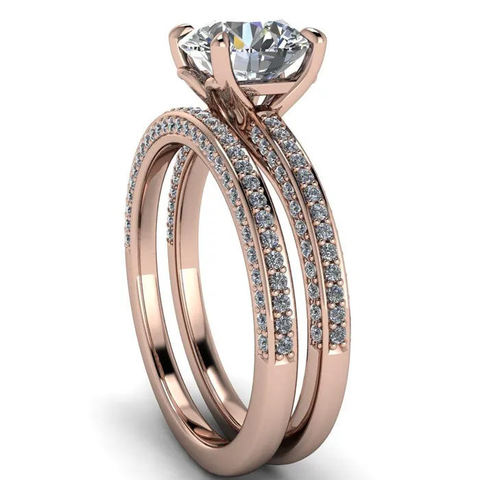 Rings Fire Brilliance Suzanne Round Center Stone 4 Prong Basket Sides Accent Ring