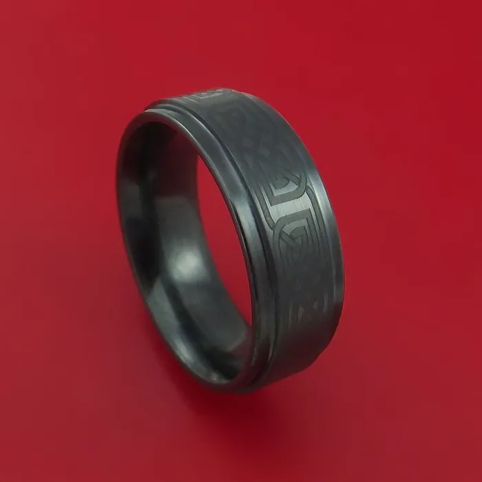 Rings Lashbrook Black Ceramic Ring with Infinity Knot Etched Celtic Design Inlay Custom Made Band Rings Lashbrook Black Ceramic Ring with Infinity Knot Etched Celtic Design Inlay Custom Made Band