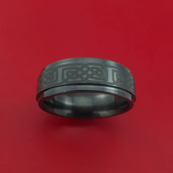 Rings Lashbrook Black Ceramic Ring with Infinity Knot Etched Celtic Design Inlay Custom Made Band Rings Lashbrook Black Ceramic Ring with Infinity Knot Etched Celtic Design Inlay Custom Made Band