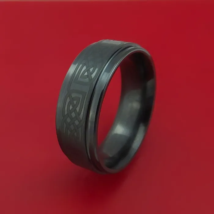 Rings Lashbrook Black Ceramic Ring with Infinity Knot Etched Celtic Design Inlay Custom Made Band Rings Lashbrook Black Ceramic Ring with Infinity Knot Etched Celtic Design Inlay Custom Made Band