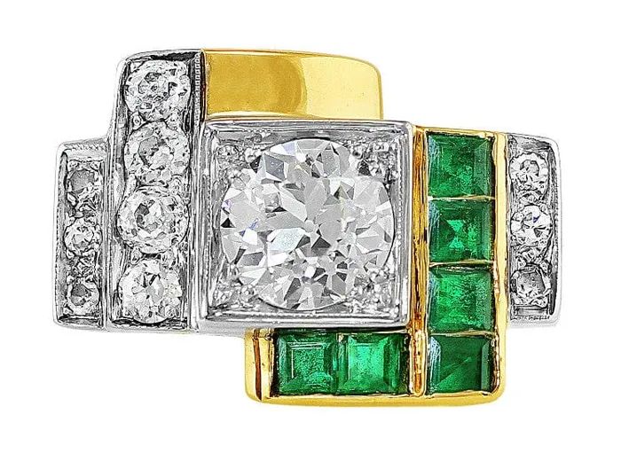 Art Deco Diamond Emerald Ring CJ Charles Jewelers Rings