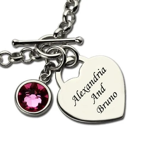 Belbren Bracelets Personalized Heart Charm Bracelet with Birthstone Custom Name Sterling Silver or GoldPlated Silver 925