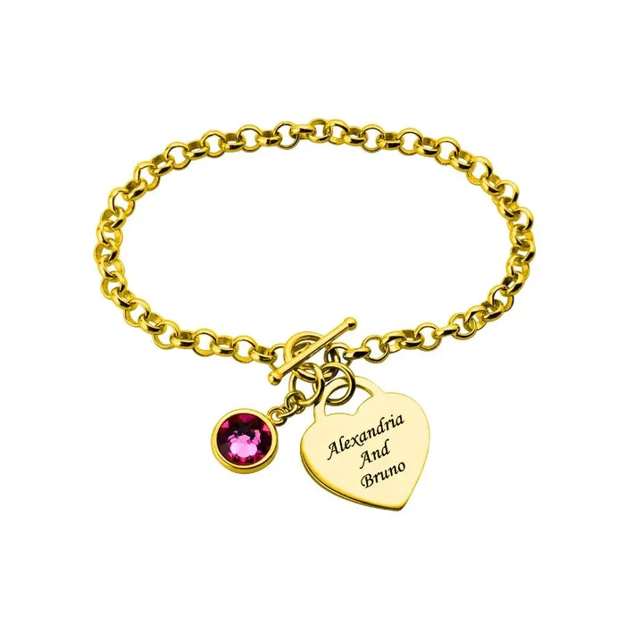 Belbren Bracelets Personalized Heart Charm Bracelet with Birthstone Custom Name Sterling Silver or GoldPlated Silver 925