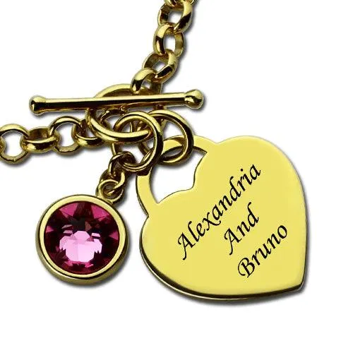 Belbren Bracelets Personalized Heart Charm Bracelet with Birthstone Custom Name Sterling Silver or GoldPlated Silver 925