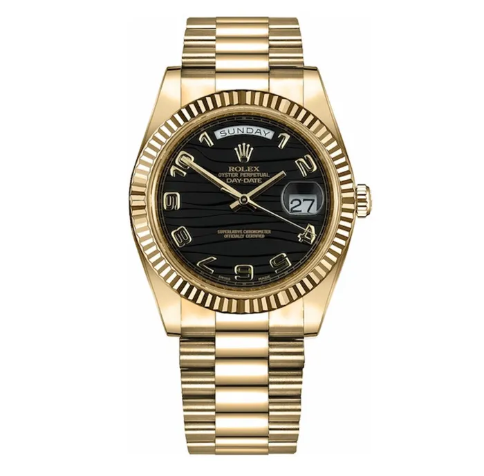 Bracelets Rolex Day Date II 41mm Ref 218238 Black Wave Motif Dial Fluted Bezel 18K Yellow Gold President Bracelet Mens Watch Rolex Bracelets Rolex Day Date II 41mm Ref 218238 Black Wave Motif Dial Fluted Bezel 18K Yellow Gold President Bracelet Mens Watch Rolex