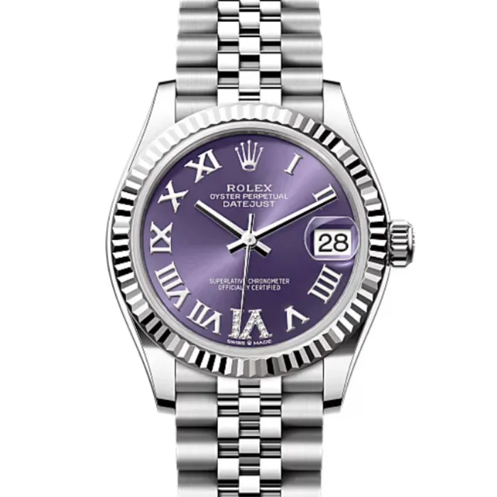 Bracelets Rolex Rolex Datejust 31mm Ref 2782740026 Aubergine Purple Roman Diamond Dial Stainless Steel Jubilee Bracelet Womens Watch