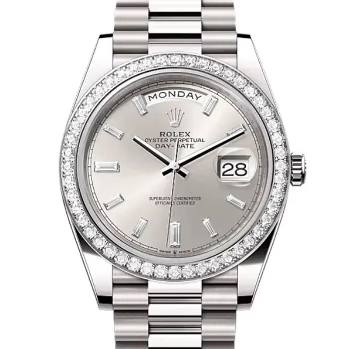 Bracelets Rolex Rolex Day Date 36mm Ref 228349rbr0001 Silver Diamond Stick Dial Diamond Bezel 18K White Gold President Bracelet Watch