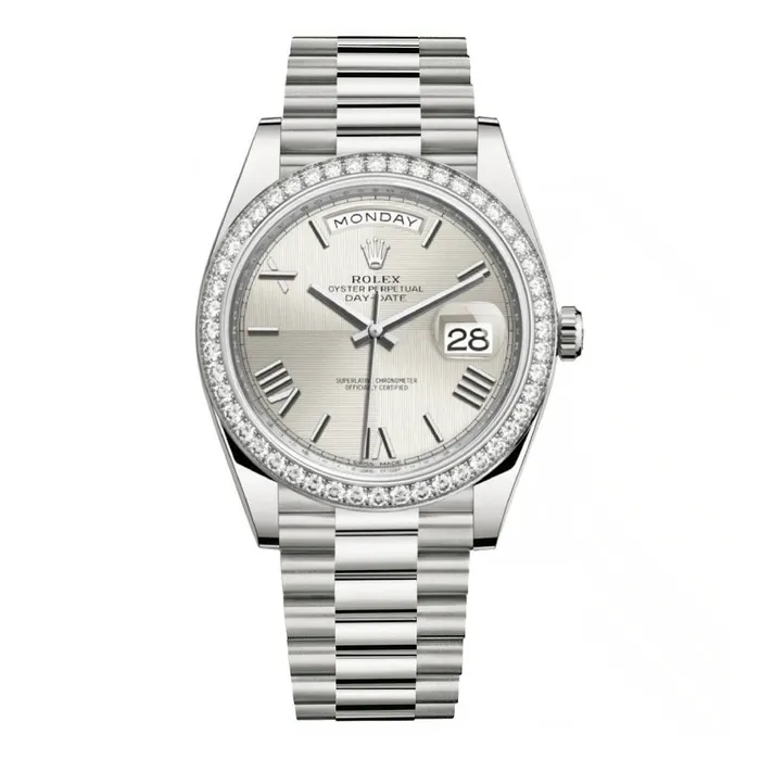 Bracelets Rolex Rolex Day Date 40mm Ref 228349rbr0004 Silver Quadrant Motif Roman Dial Diamond Bezel 18K White Gold President Bracelet Mens Watch Bracelets Rolex Rolex Day Date 40mm Ref 228349rbr0004 Silver Quadrant Motif Roman Dial Diamond Bezel 18K White Gold President Bracelet Mens Watch