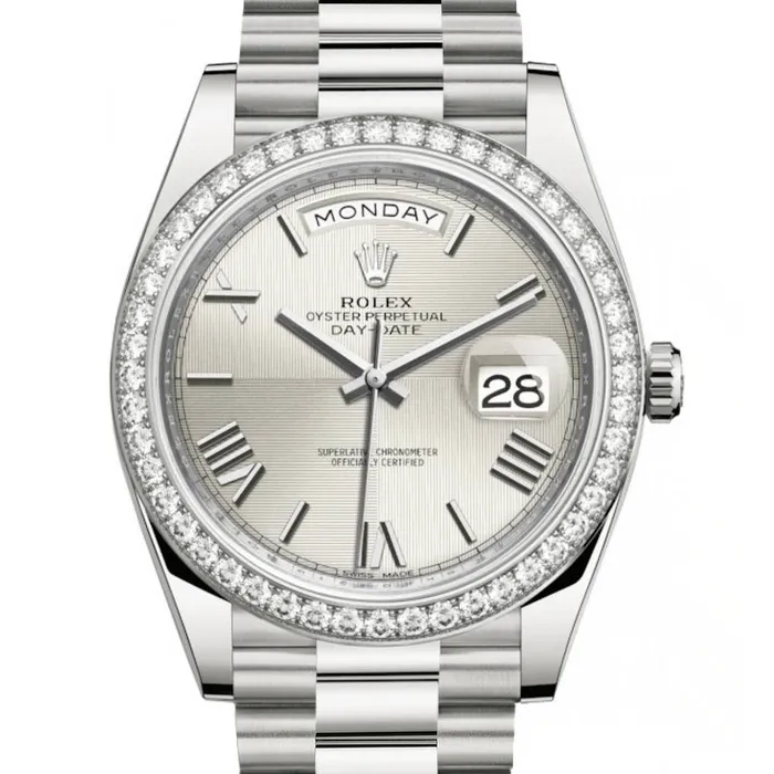 Bracelets Rolex Rolex Day Date 40mm Ref 228349rbr0004 Silver Quadrant Motif Roman Dial Diamond Bezel 18K White Gold President Bracelet Mens Watch