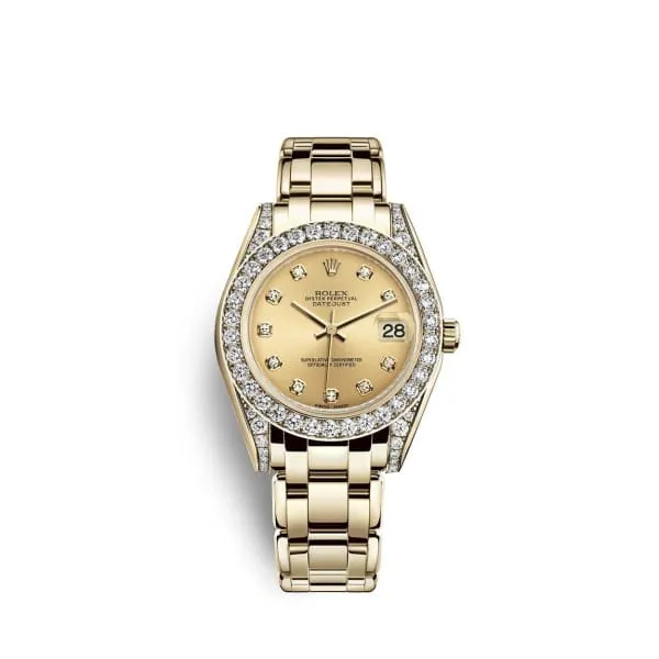 Bracelets Rolex Rolex Pearlmaster 34mm Ref 811580013 Champagne Diamond Dial Diamond Bezel Diamond Case 18K Yellow Gold Bracelet Womens Watch