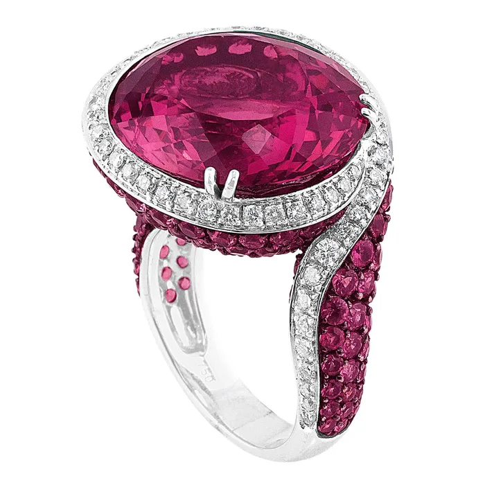 CJ Charles Jewelers Rings White Gold 19 Carat Pink Tourmaline Pink Sapphire Diamond Ring CJ Charles Jewelers Rings White Gold 19 Carat Pink Tourmaline Pink Sapphire Diamond Ring