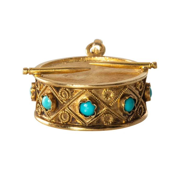 Croghans Charm Necklaces Vintage Etruscan Revival Turquoise 14K Gold Drum Charm