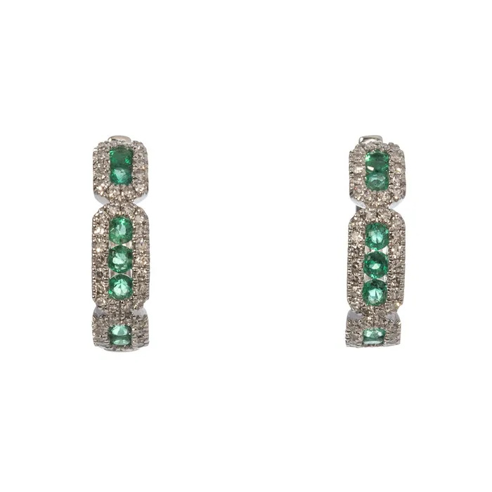 Croghans Earrings Emerald Diamond 14K White Gold Huggie Earrings