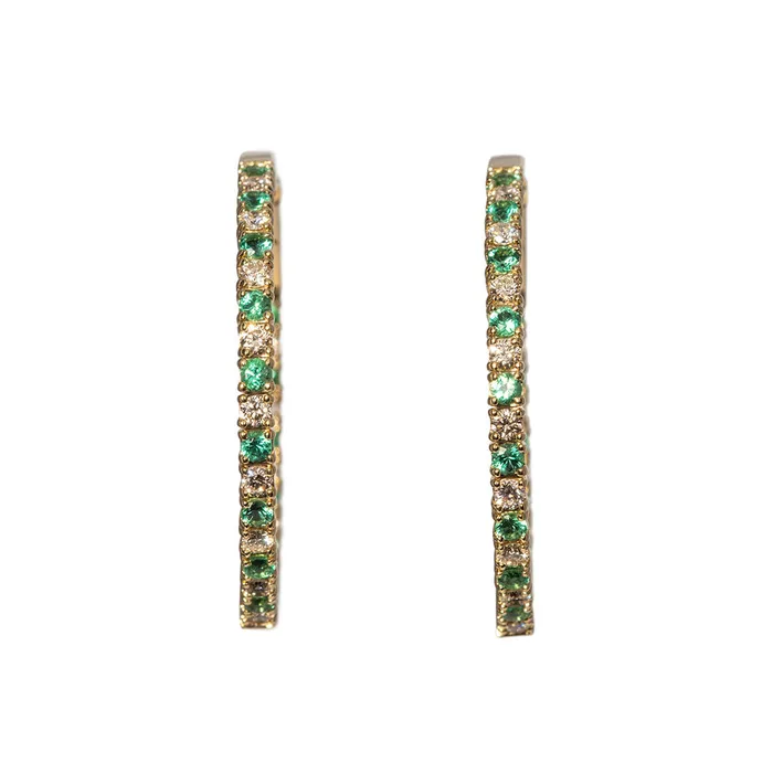 Croghans Earrings Emerald Diamond Inside Out 14K Yellow Gold Flexible Hoops Croghans Earrings Emerald Diamond Inside Out 14K Yellow Gold Flexible Hoops