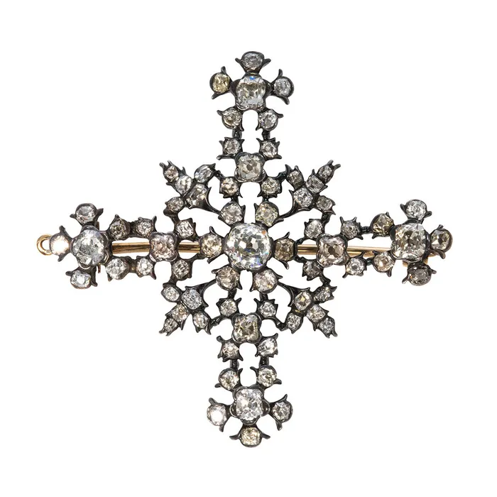 Croghans Earrings Estate 656ctw Old Mine Diamond Silver 14K Gold Cross Brooch Croghans Earrings Estate 656ctw Old Mine Diamond Silver 14K Gold Cross Brooch