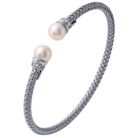 Croghans Earrings Pearl CZ Gold Plated Silver 4mm Mesh Cuff Bangle