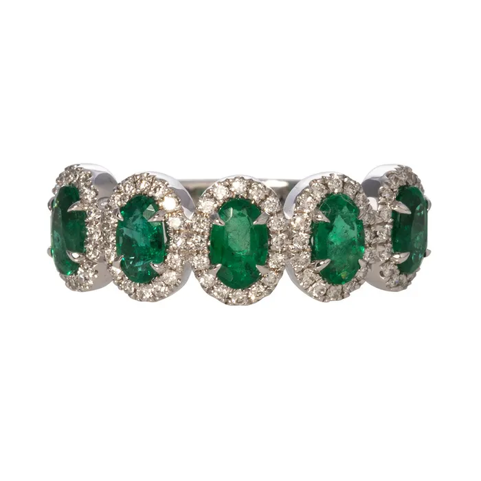 Croghans Rings FiveStone Oval Emerald Diamond Halo 14K White Gold Ring