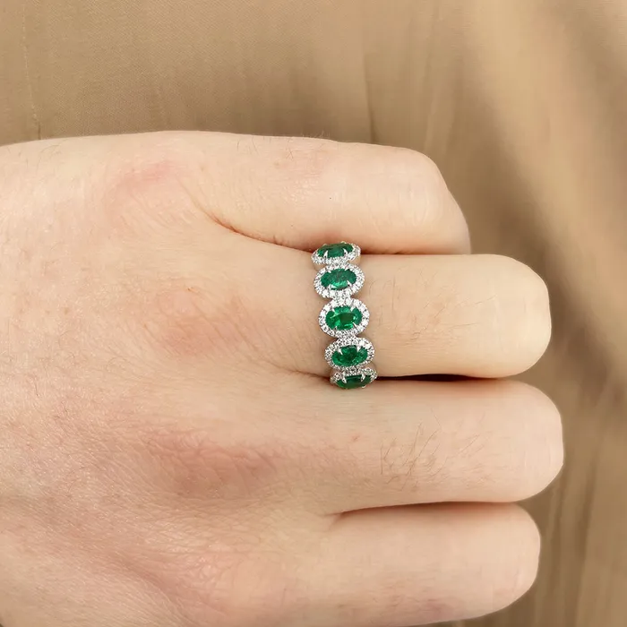 Croghans Rings FiveStone Oval Emerald Diamond Halo 14K White Gold Ring
