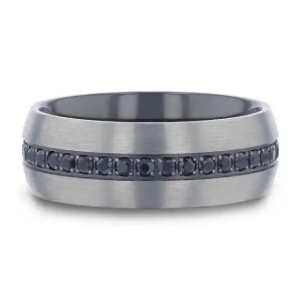 Domed Brushed Titanium 8mm Band with Black Sapphire Mens Bands Rings
