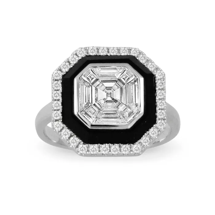 Doves Rings Doves 18K White Gold Invisible Set Diamond Ring with Black Onyx Doves Rings Doves 18K White Gold Invisible Set Diamond Ring with Black Onyx