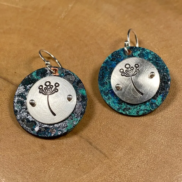 Earrings Annies Arts Follies Dandelion Stamp Earrings Blue Patina