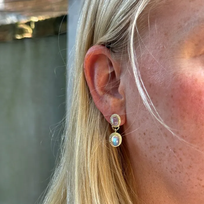 Earrings Mazza Mazza Moonstone Diamond Double Drop 14K Yellow Gold Earrings