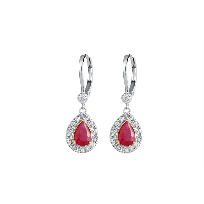 Earrings Meierotto Jewelers 14K White and Yellow Gold Pear Ruby with Diamond Halo Dangle Earrings Earrings Meierotto Jewelers 14K White and Yellow Gold Pear Ruby with Diamond Halo Dangle Earrings