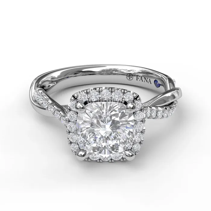 Fana 14K White Gold Semi Mount Cushion Halo Twisted Band Rings