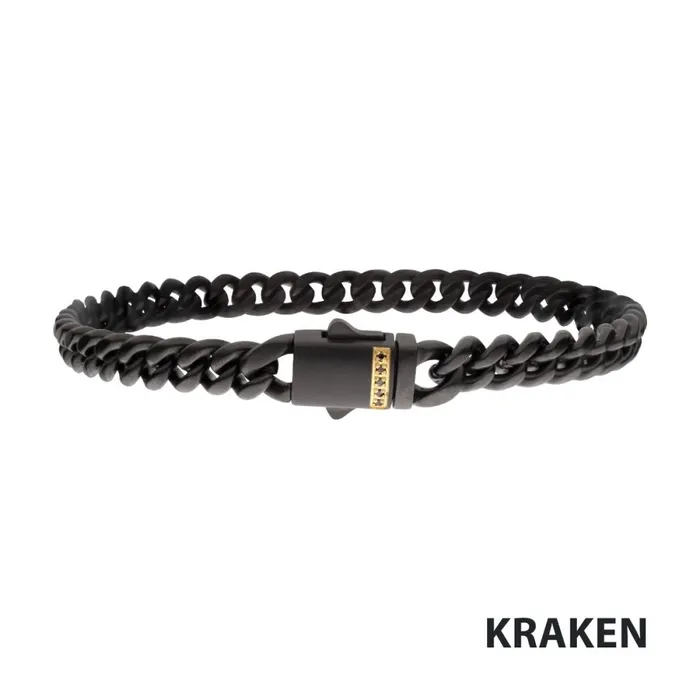 Inox 8mm Matte Black IP Steel Cuban Chain Bracelet with Black Sapphire 85 inch Inox Bracelets