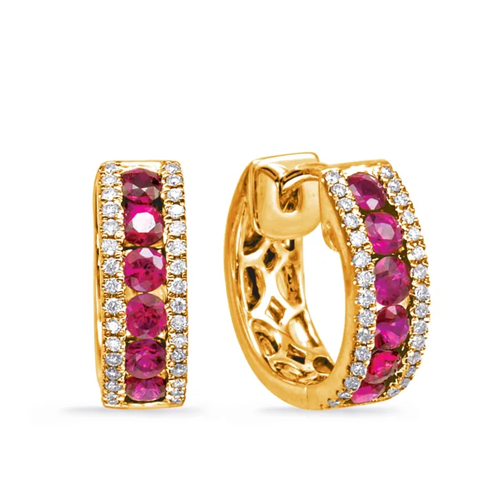 Meierotto Jewelers Earrings 14K Yellow Gold Ruby and Diamond Hoop Earrings Meierotto Jewelers Earrings 14K Yellow Gold Ruby and Diamond Hoop Earrings