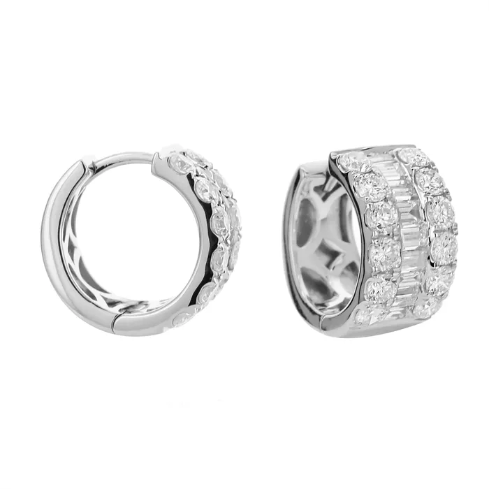 Meierotto Jewelers Earrings 18K White Gold Wide Huggie Hoop Earrings with Round and Baguette Diamonds