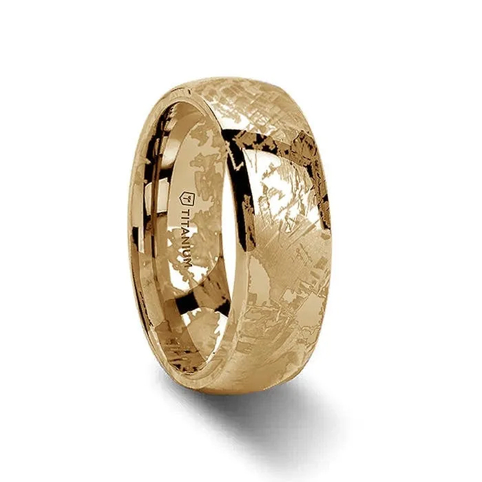Mens Bands Rings Domed Gold Plated Titanium Band with Meteorite Pattern
