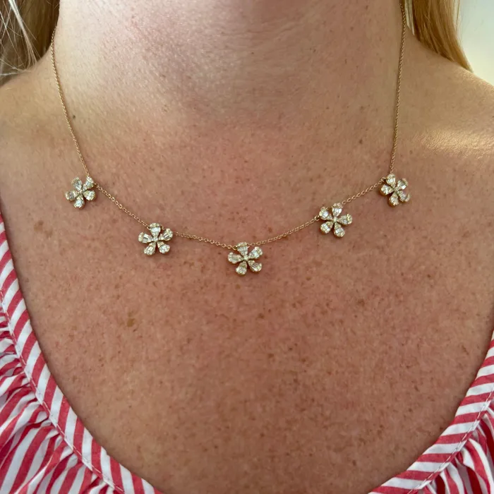 Necklaces Croghans 1ctw Mixed Diamond Flower 5 Station 14K Yellow Gold Necklace