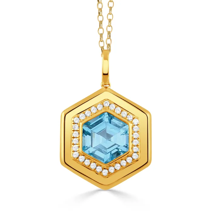 Necklaces Croghans Blue Topaz Diamond Hexagon 18K Yellow Gold Pendant Necklace Necklaces Croghans Blue Topaz Diamond Hexagon 18K Yellow Gold Pendant Necklace