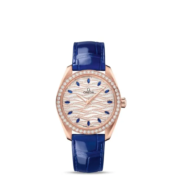 Omega Watches Omega Seamaster 38mm Watch Ref 22058382099005 White Pave Diamond Sapphire Index Dial Diamond Bezel in 18K Rose Gold Case Blue Leather Strap Omega Watches Omega Seamaster 38mm Watch Ref 22058382099005 White Pave Diamond Sapphire Index Dial Diamond Bezel in 18K Rose Gold Case Blue Leather Strap