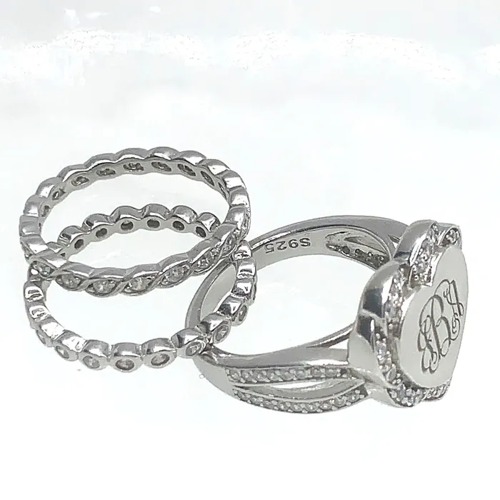 Rings Belbren Sterling Silver Monogram Ring Custom Initials Stackable Design in Heart Square or Round Elegant Womens Jewelry