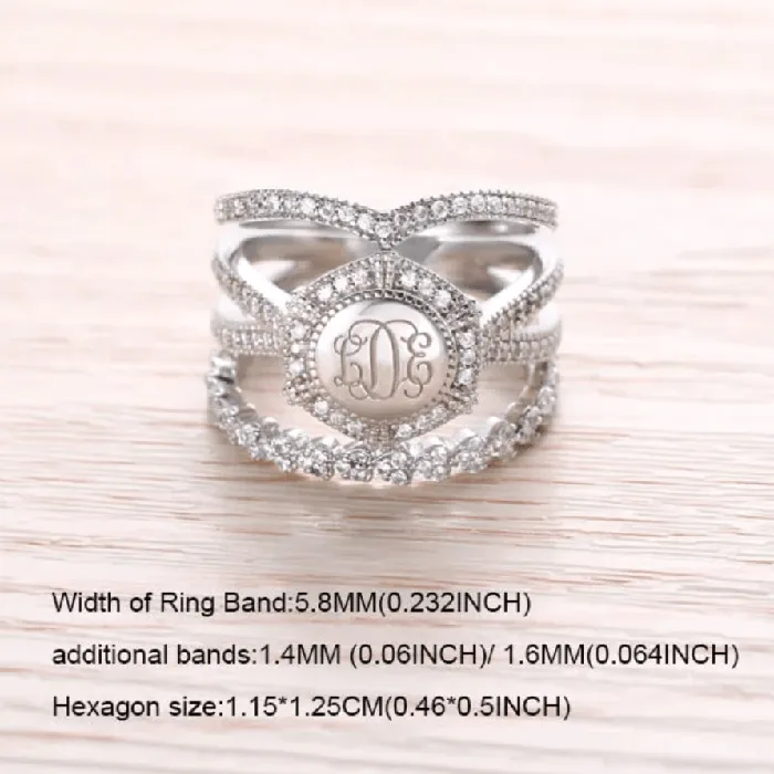 Rings Belbren Sterling Silver Monogram Ring Custom Initials Stackable Design in Heart Square or Round Elegant Womens Jewelry