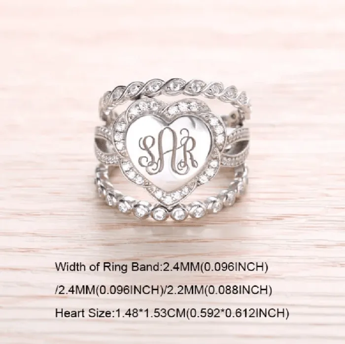 Rings Belbren Sterling Silver Monogram Ring Custom Initials Stackable Design in Heart Square or Round Elegant Womens Jewelry