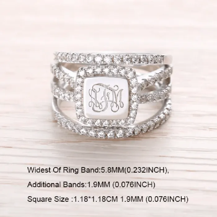 Rings Belbren Sterling Silver Monogram Ring Custom Initials Stackable Design in Heart Square or Round Elegant Womens Jewelry