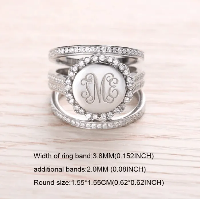 Rings Belbren Sterling Silver Monogram Ring Custom Initials Stackable Design in Heart Square or Round Elegant Womens Jewelry