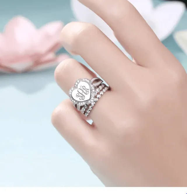Rings Belbren Sterling Silver Monogram Ring Custom Initials Stackable Design in Heart Square or Round Elegant Womens Jewelry