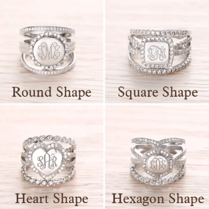 Rings Belbren Sterling Silver Monogram Ring Custom Initials Stackable Design in Heart Square or Round Elegant Womens Jewelry