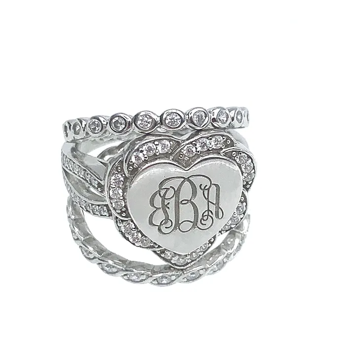 Rings Belbren Sterling Silver Monogram Ring Custom Initials Stackable Design in Heart Square or Round Elegant Womens Jewelry